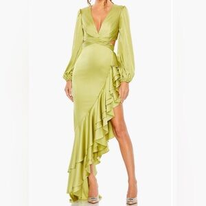 Mac Duggal Plunge Neck Cut Out Asymmetrical Ruffle Gown